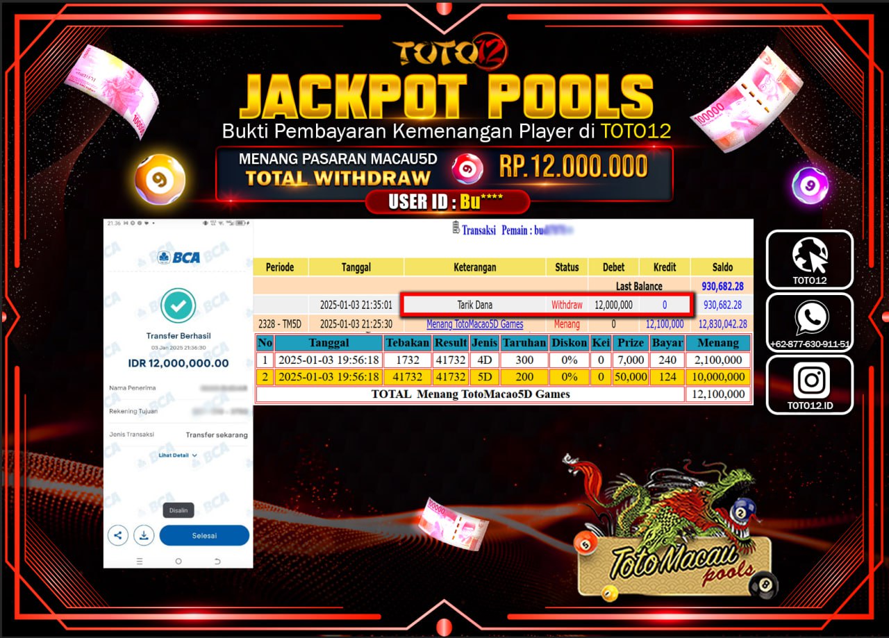 HANYA DI TOTO12 JP PASTI DI BAYAR LUNAS DAN CEPAT!!!!!! JACKPOT POOLS PASARAN (TOTO MACAU) Rp.12.000.000 !!!!