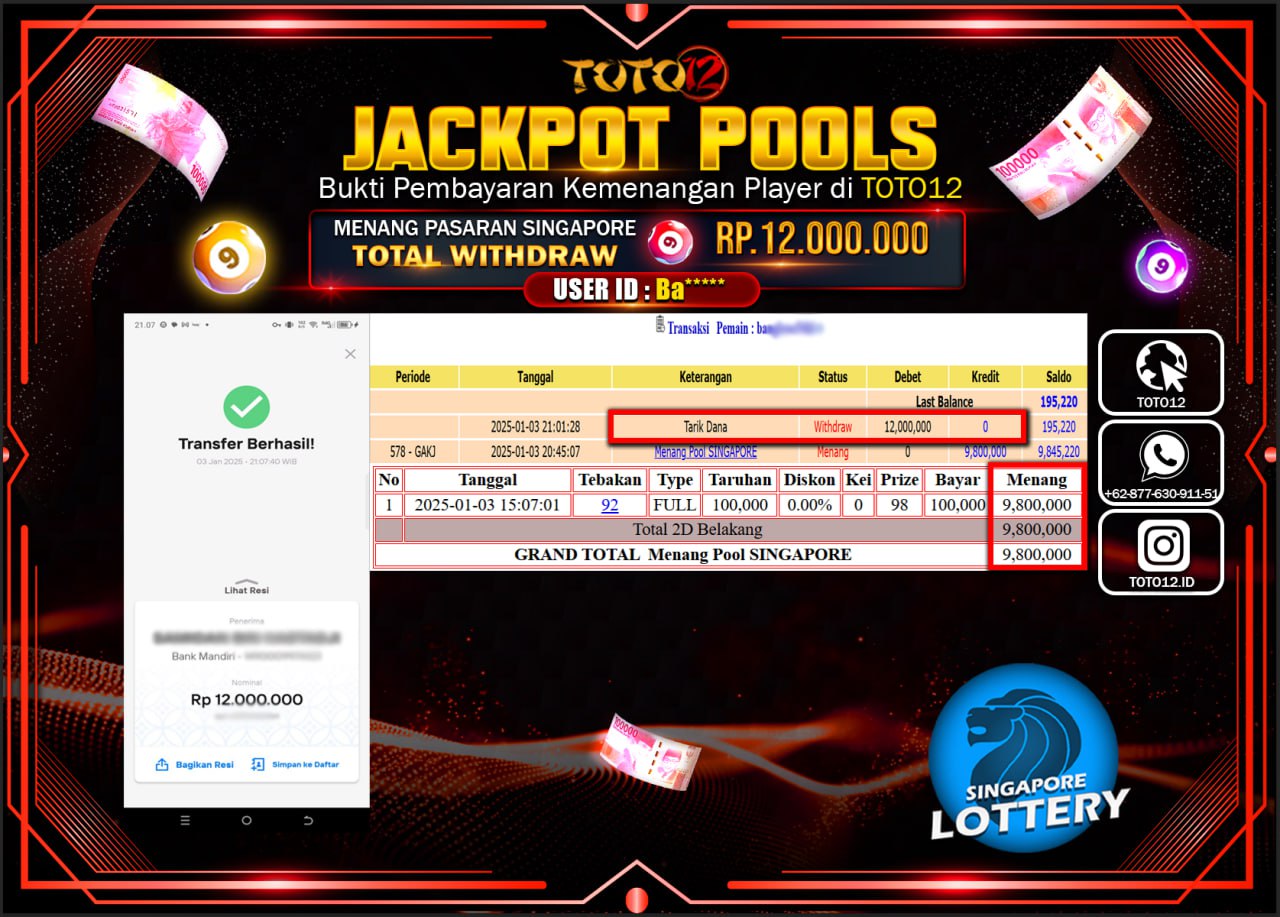 HANYA DI TOTO12 JP PASTI DI BAYAR LUNAS DAN CEPAT!!!!!! JACKPOT POOLS PASARAN (SINGAPORE) Rp.12.000.000 !!!!