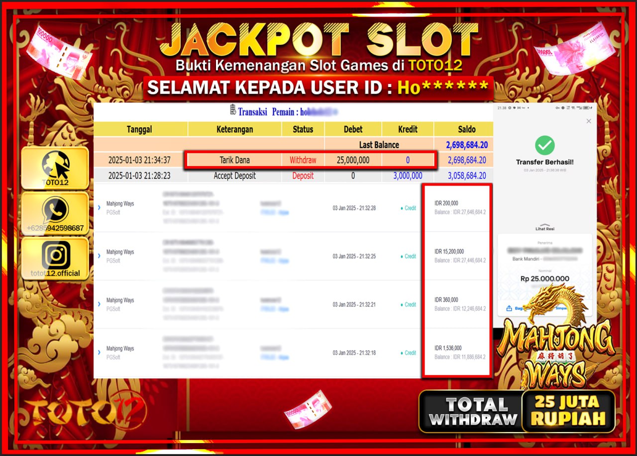 HANYA DI TOTO12 JP PASTI DI BAYAR LUNAS DAN CEPAT!!!!!! JACKPOT SLOT GAME (MAHJONG WAYS) Rp.25.000.000 !!!!