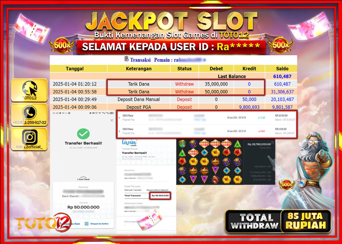 HANYA DI TOTO12 JP PASTI DI BAYAR LUNAS DAN CEPAT!!!!!! JACKPOT SLOT GAME (15.000X MANIA) Rp.85.000.000 !!!!