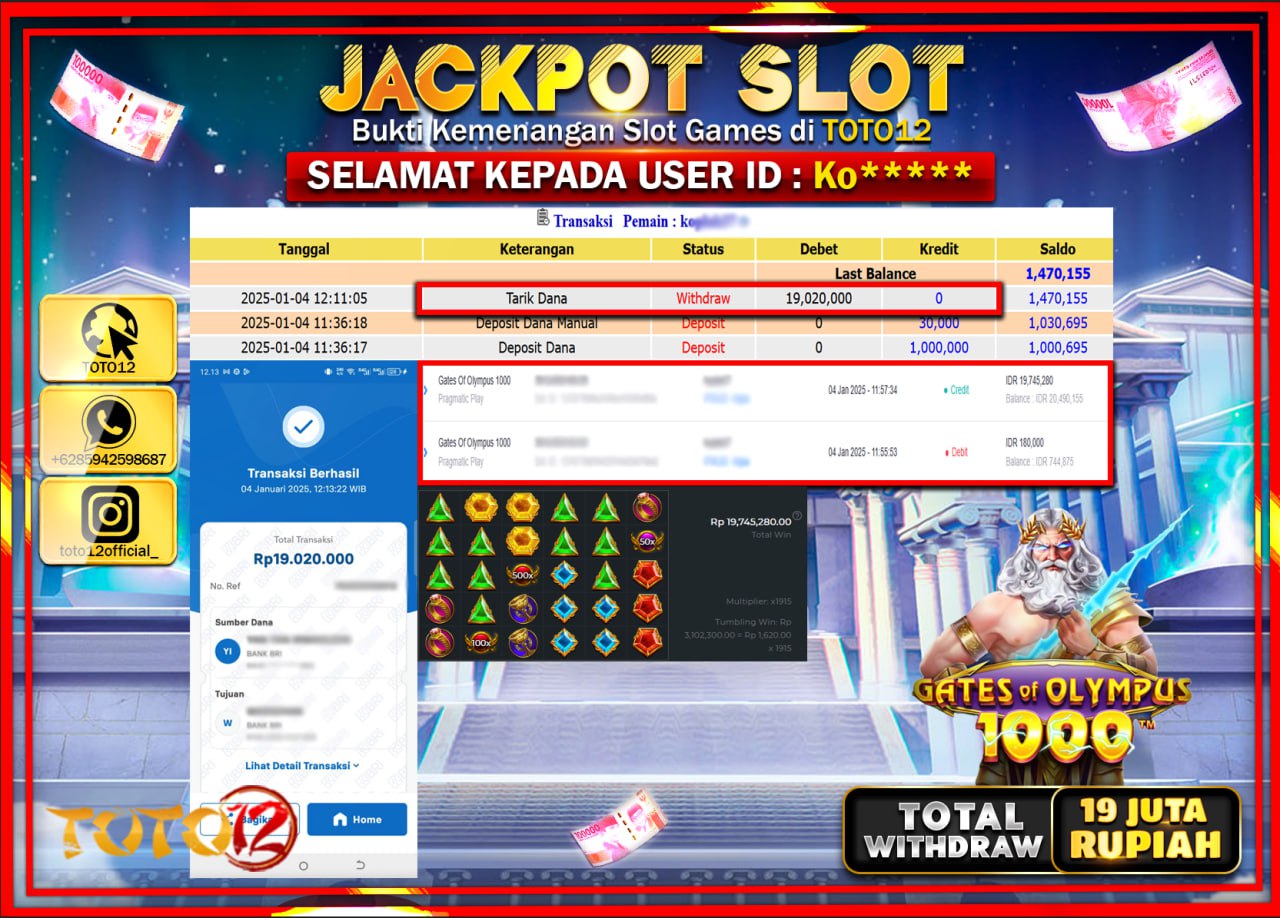 HANYA DI TOTO12 JP PASTI DI BAYAR LUNAS DAN CEPAT!!!!!! JACKPOT SLOT GAME (GATES OF OLYMPUS 1000) Rp.19.000.000 !!!!