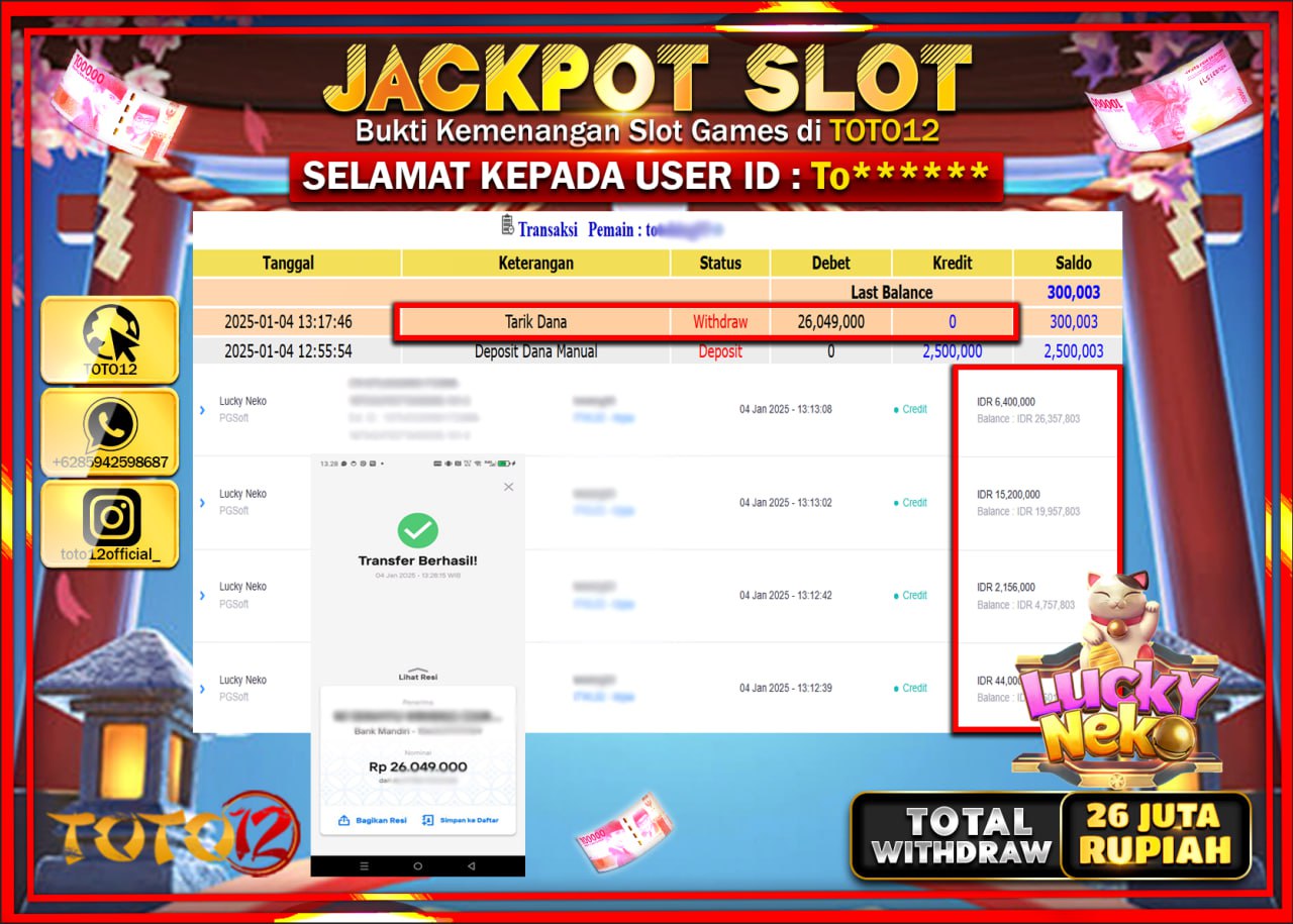 HANYA DI TOTO12 JP PASTI DI BAYAR LUNAS DAN CEPAT!!!!!! JACKPOT SLOT GAME (LUCKY NEKO) Rp.26.000.000 !!!!