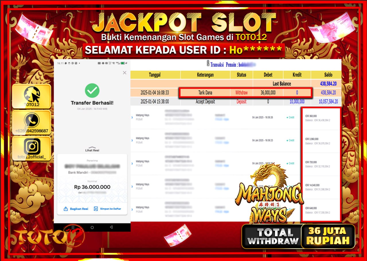 HANYA DI TOTO12 JP PASTI DI BAYAR LUNAS DAN CEPAT!!!!!! JACKPOT SLOT GAME (MAHJONG WAYS) Rp.36.000.000 !!!!