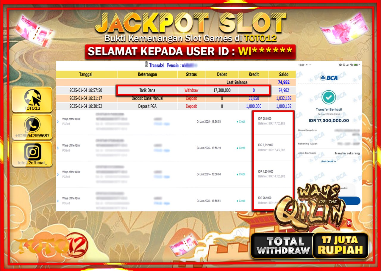 HANYA DI TOTO12 JP PASTI DI BAYAR LUNAS DAN CEPAT!!!!!! JACKPOT SLOT GAME (WAYS OF THE QILIN) Rp.17.000.000 !!!!