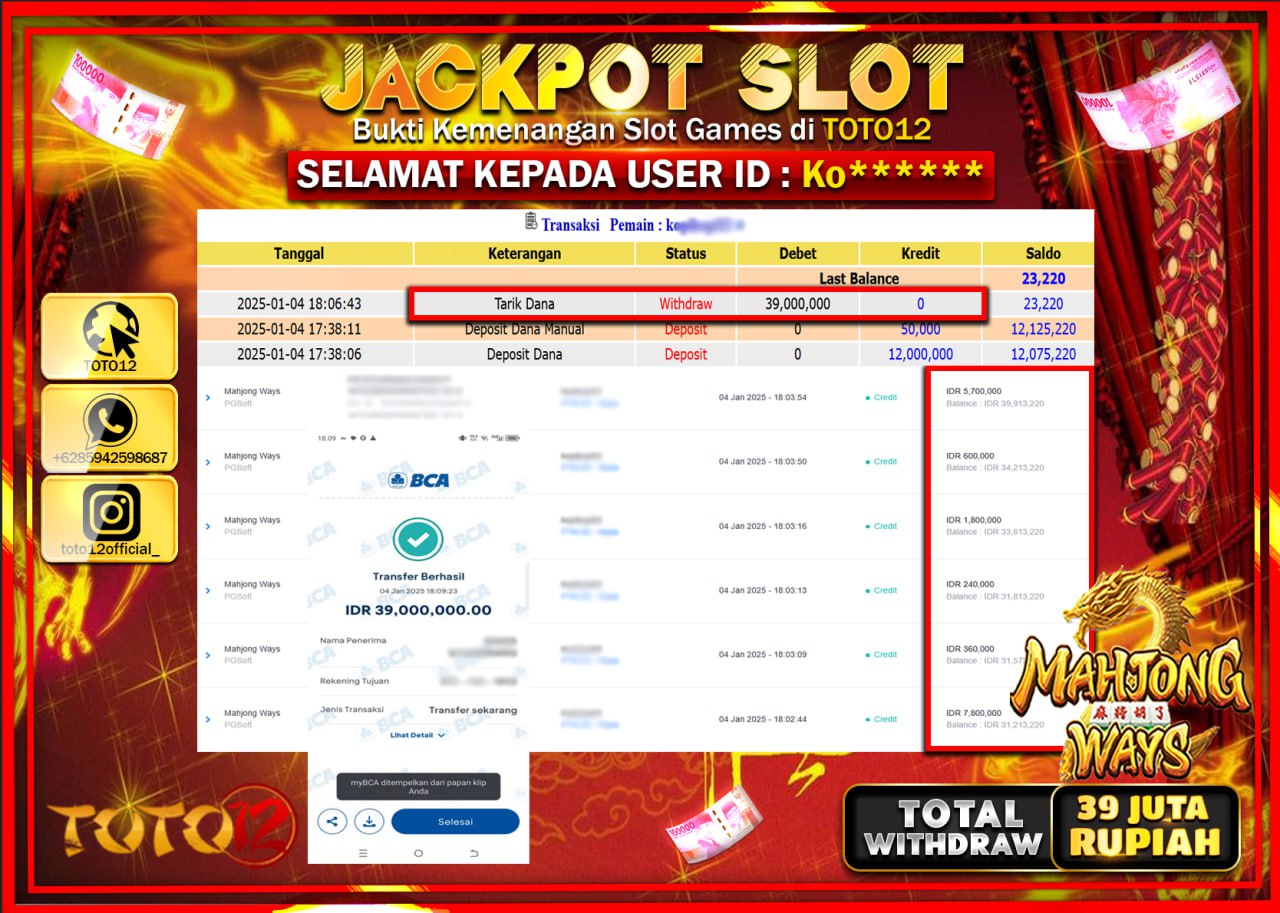 HANYA DI TOTO12 JP PASTI DI BAYAR LUNAS DAN CEPAT!!!!!! JACKPOT SLOT GAME (MAHJONG WAYS) Rp.39.000.000 !!!!