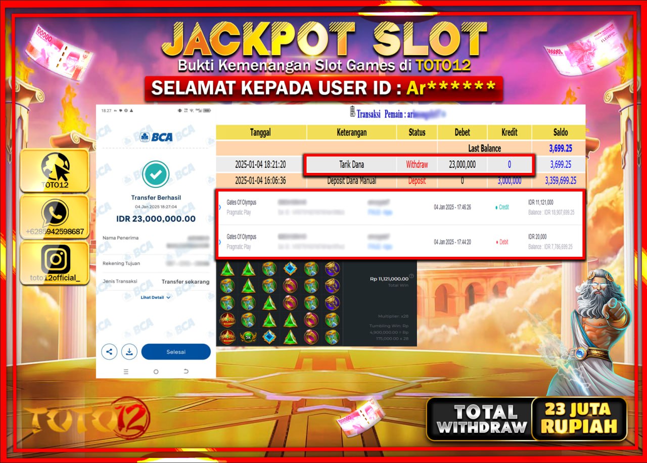 HANYA DI TOTO12 JP PASTI DI BAYAR LUNAS DAN CEPAT!!!!!! JACKPOT SLOT GAME (GATES OF OLYMPUS) Rp.23.000.000 !!!!
