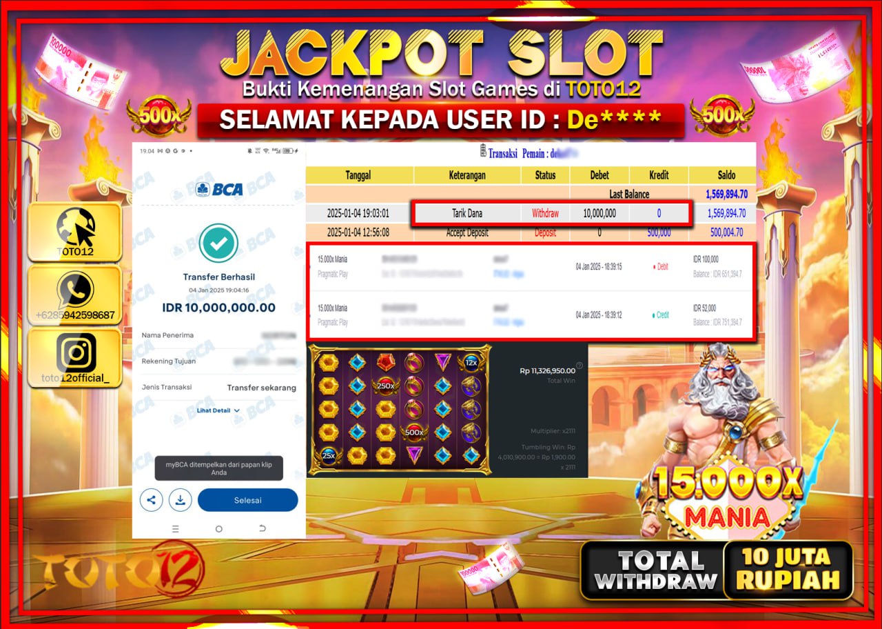 HANYA DI TOTO12 JP PASTI DI BAYAR LUNAS DAN CEPAT!!!!!! JACKPOT SLOT GAME (15.000X MANIA) Rp.10.000.000 !!!!