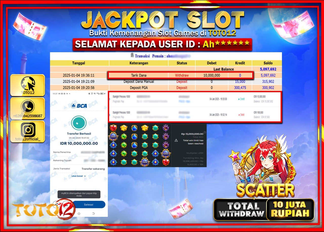 HANYA DI TOTO12 JP PASTI DI BAYAR LUNAS DAN CEPAT!!!!!! JACKPOT SLOT GAME (STARLIGHT PRINCESS 1000) Rp.10.000.000 !!!!