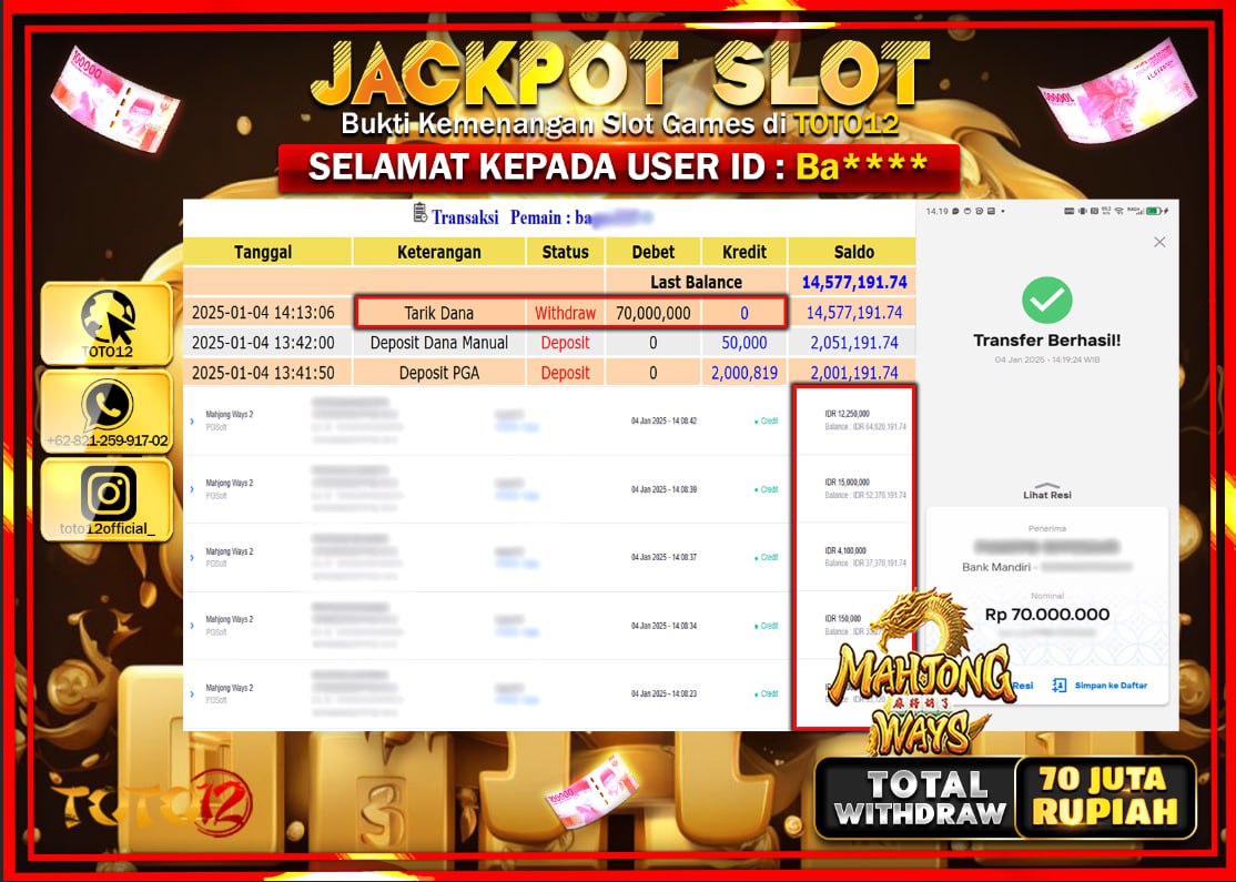 HANYA DI TOTO12 JP PASTI DI BAYAR LUNAS DAN CEPAT!!!!!! JACKPOT SLOT GAME (MAHJONG WAYS 2) Rp.70.000.000 !!!!