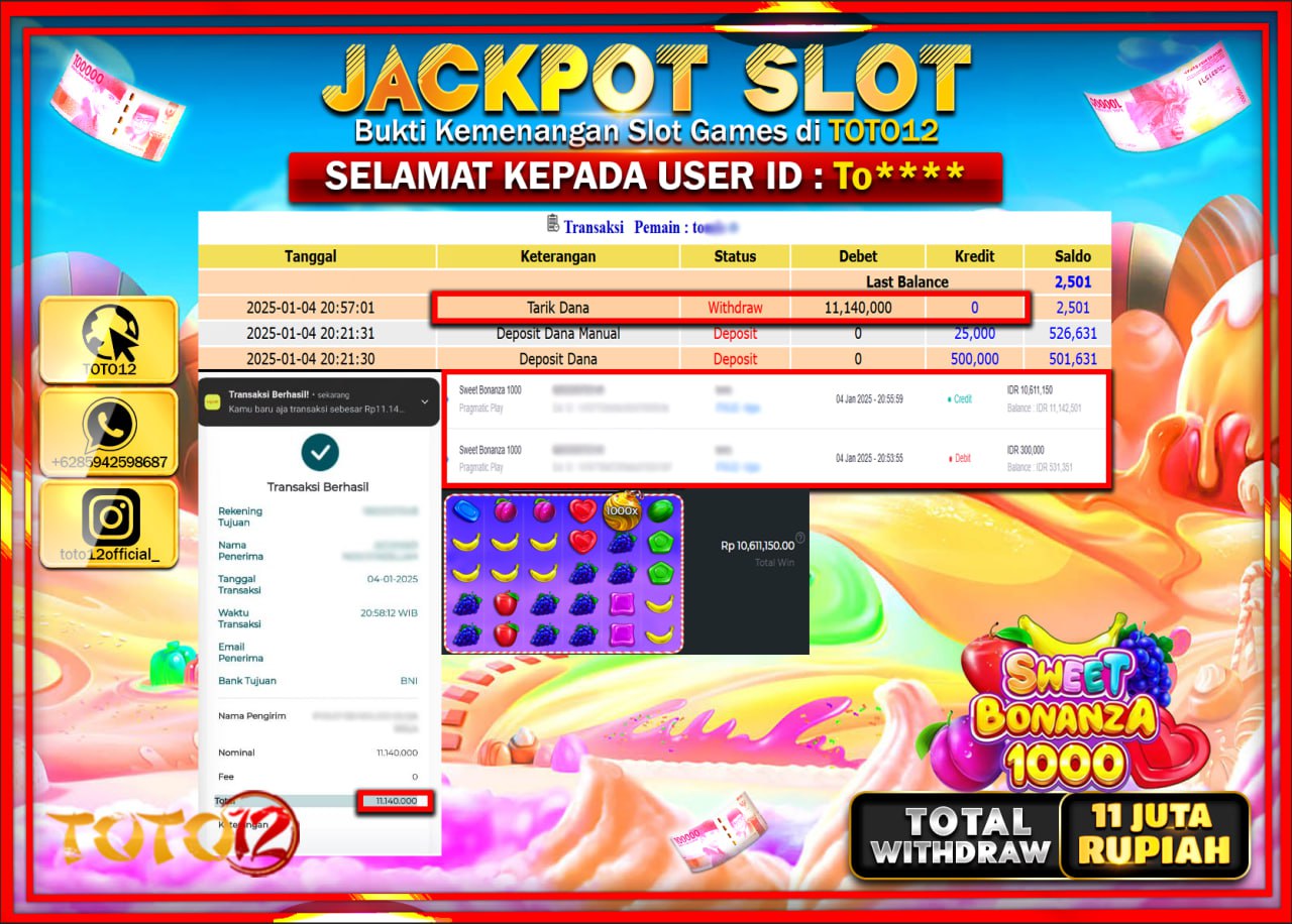 HANYA DI TOTO12 JP PASTI DI BAYAR LUNAS DAN CEPAT!!!!!! JACKPOT SLOT GAME (SWEET BONANZA 1000) Rp.11.000.000 !!!!