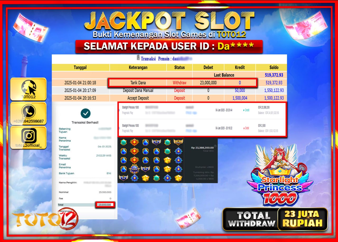 HANYA DI TOTO12 JP PASTI DI BAYAR LUNAS DAN CEPAT!!!!!! JACKPOT SLOT GAME (STARLIGHT PRINCESS 1000) Rp.23.000.000 !!!!
