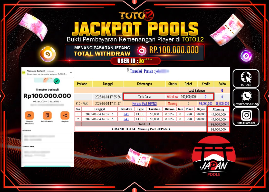 HANYA DI TOTO12 JP PASTI DI BAYAR LUNAS DAN CEPAT!!!!!! JACKPOT POOLS PASARAN (JEPANG) Rp.100.000.000 !!!!