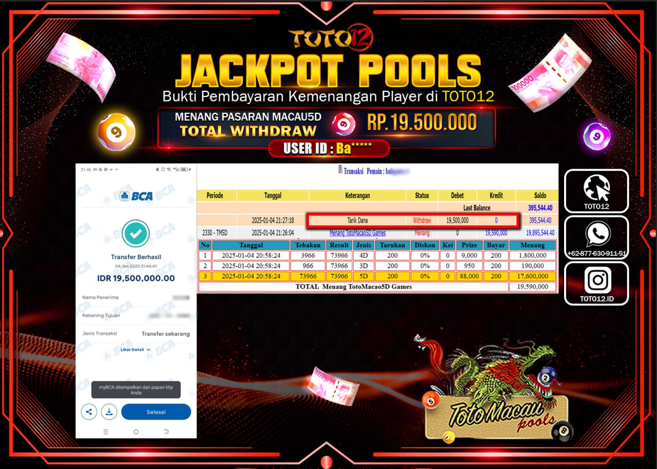 HANYA DI TOTO12 JP PASTI DI BAYAR LUNAS DAN CEPAT!!!!!! JACKPOT POOLS PASARAN (TOTO MACAU) Rp.19.500.000 !!!!
