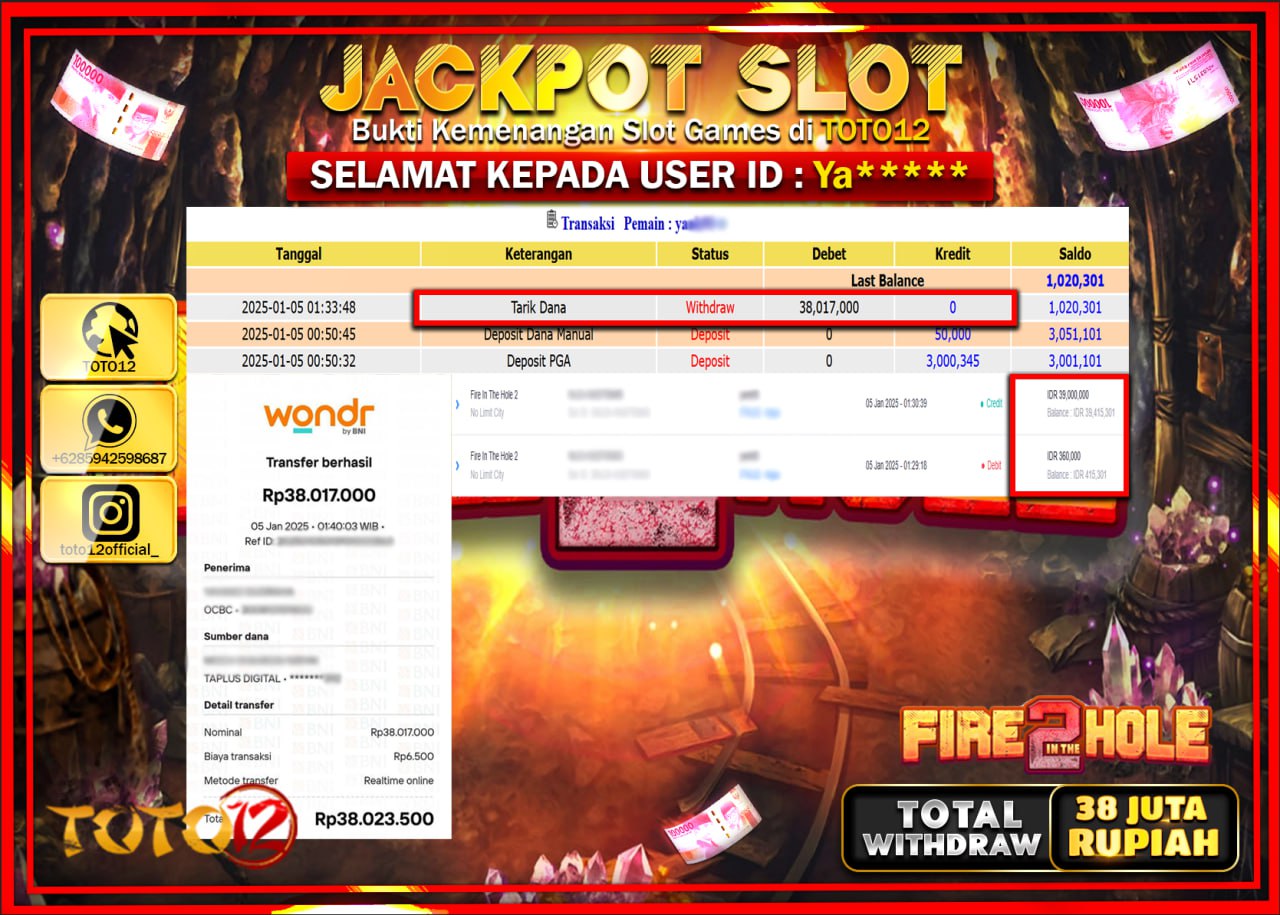 HANYA DI TOTO12 JP PASTI DI BAYAR LUNAS DAN CEPAT!!!!!! JACKPOT SLOT GAME (FIRE IN THE HOLE 2) Rp.38.000.000 !!!!