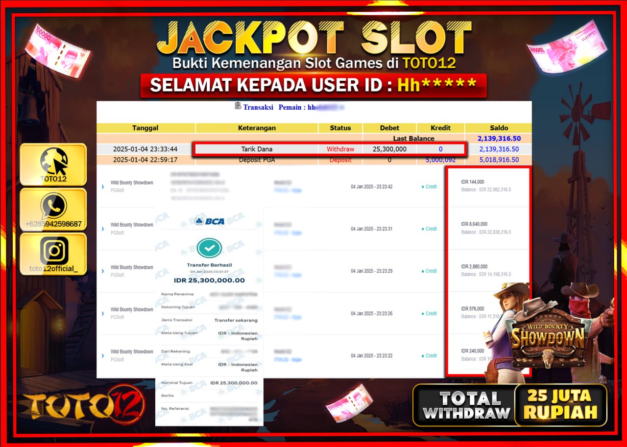 HANYA DI TOTO12 JP PASTI DI BAYAR LUNAS DAN CEPAT!!!!!! JACKPOT SLOT GAME (WILD BOUNTY SHOWDOWN) Rp.25.000.000 !!!!