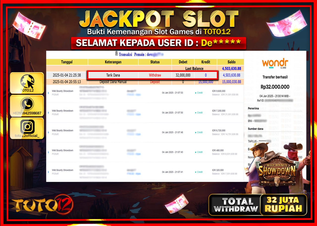 HANYA DI TOTO12 JP PASTI DI BAYAR LUNAS DAN CEPAT!!!!!! JACKPOT SLOT GAME (WILD BOUNTY SHOWDOWN) Rp.32.000.000 !!!!