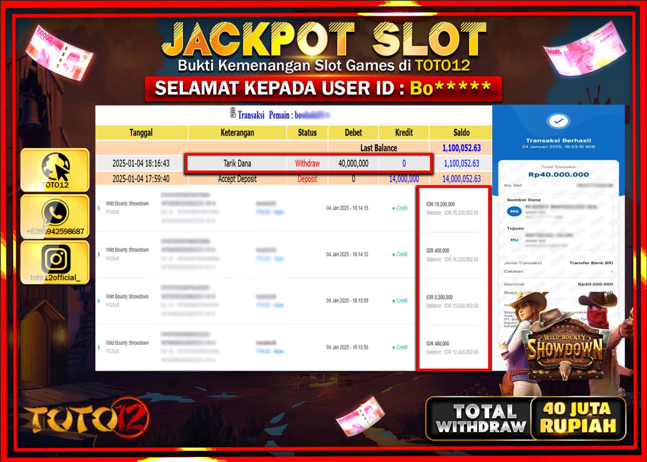 HANYA DI TOTO12 JP PASTI DI BAYAR LUNAS DAN CEPAT!!!!!! JACKPOT SLOT GAME (WILD BOUNTY SHOWDOWN) Rp.40.000.000 !!!!