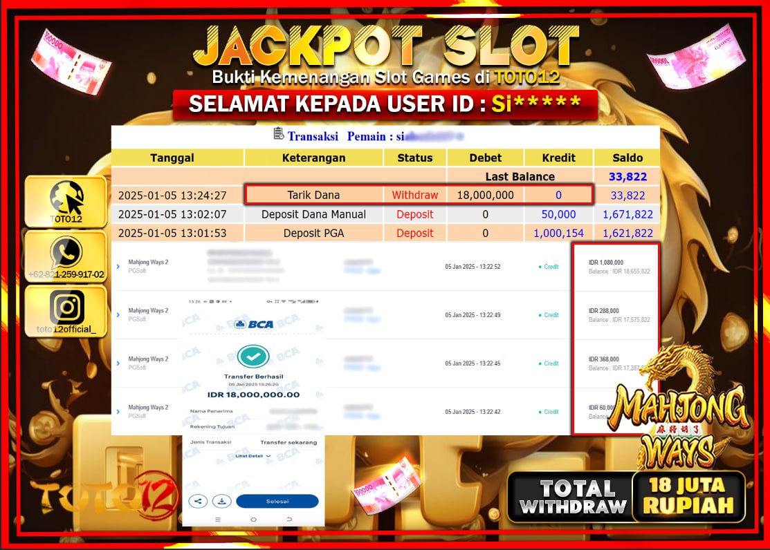 HANYA DI TOTO12 JP PASTI DI BAYAR LUNAS DAN CEPAT!!!!!! JACKPOT SLOT GAME (MAHJONG WAYS) Rp.18.000.000 !!!!