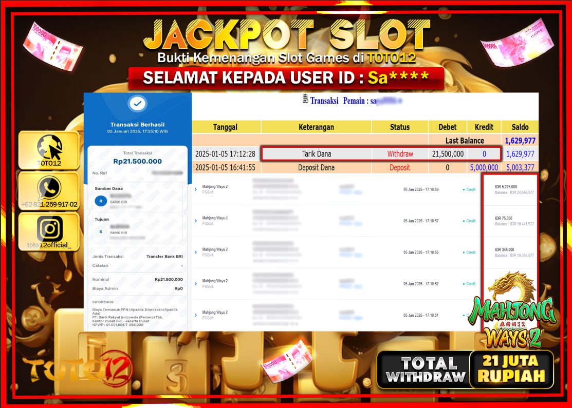 HANYA DI TOTO12 JP PASTI DI BAYAR LUNAS DAN CEPAT!!!!!! JACKPOT SLOT GAME (MAHJONG WAYS 2) Rp.21.000.000 !!!!