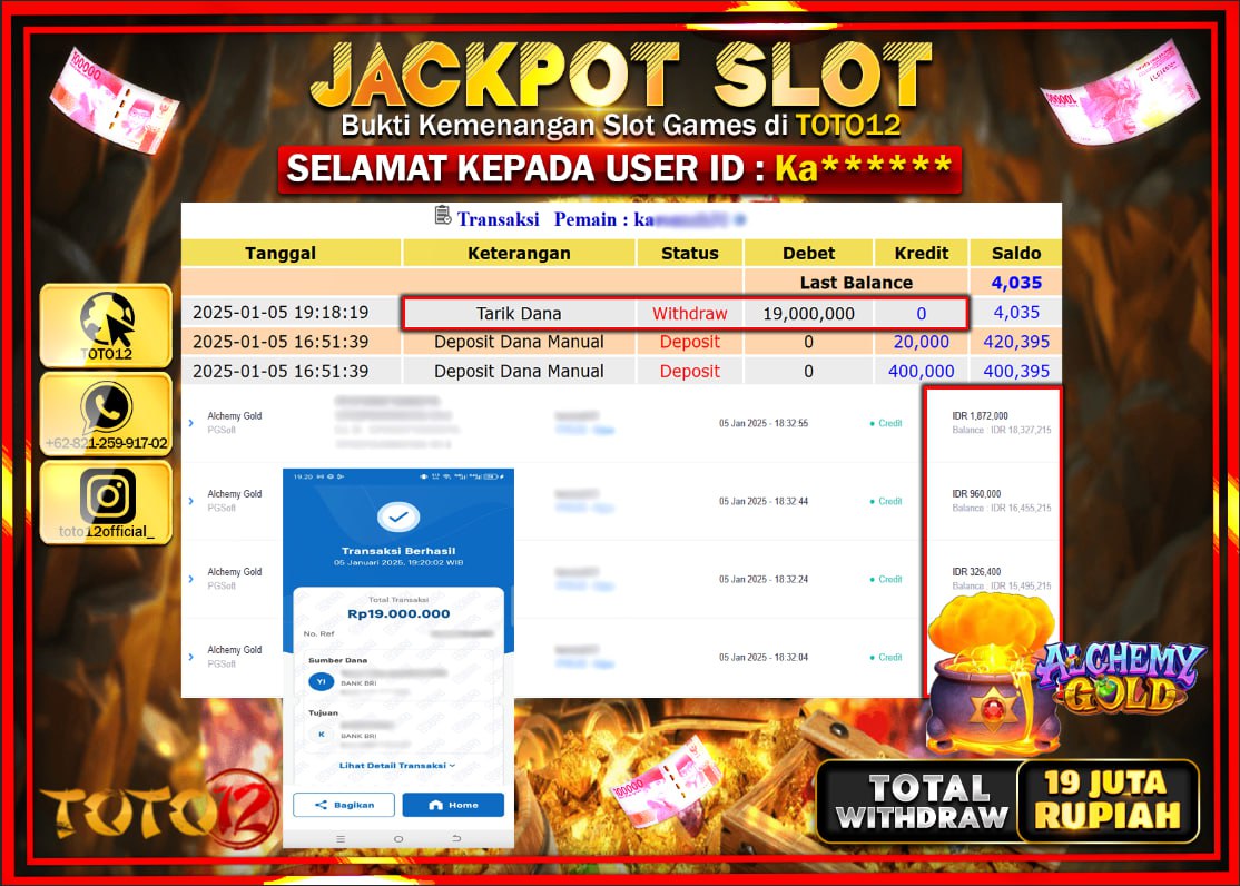 HANYA DI TOTO12 JP PASTI DI BAYAR LUNAS DAN CEPAT!!!!!! JACKPOT SLOT GAME (ALCHEMY GOLD) Rp.19.000.000 !!!!