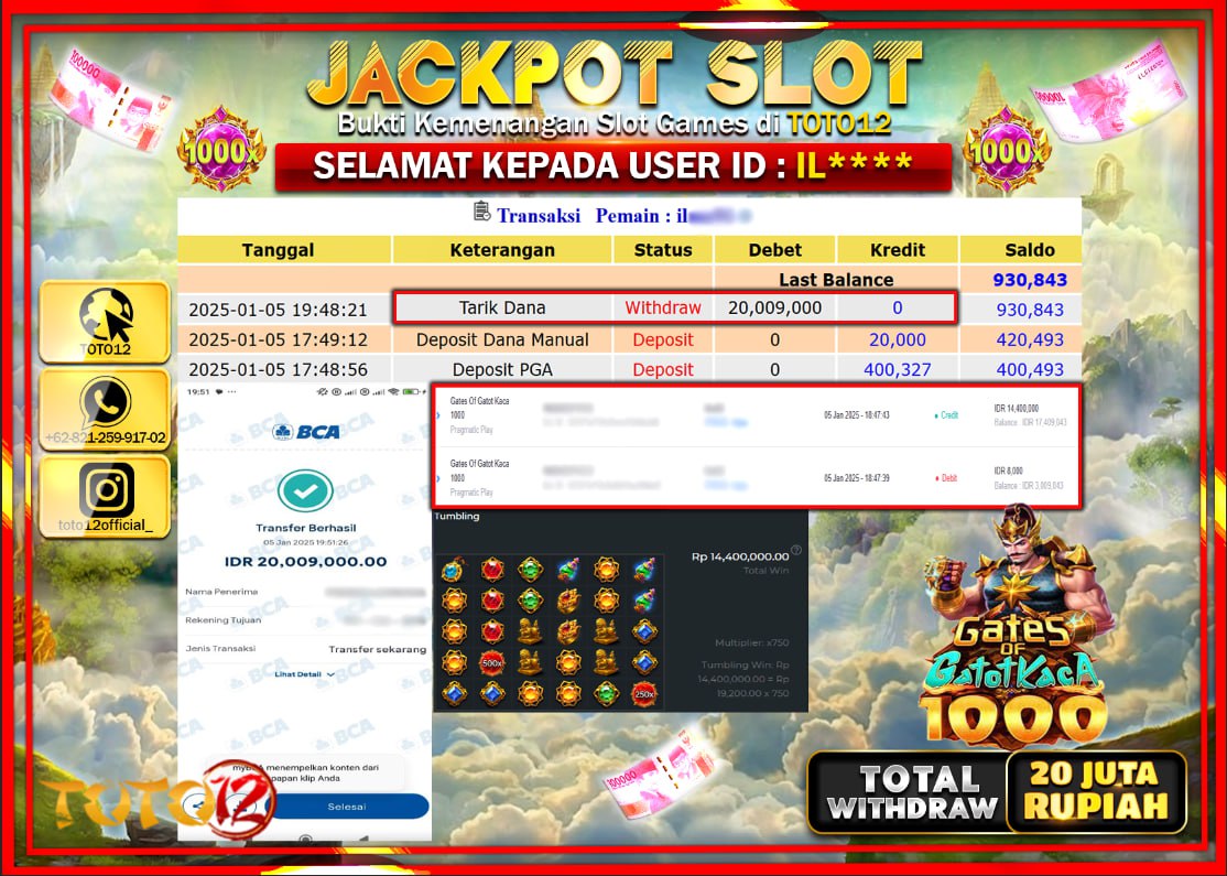HANYA DI TOTO12 JP PASTI DI BAYAR LUNAS DAN CEPAT!!!!!! JACKPOT SLOT GAME (GATES OF GATOT KACA 1000) Rp.20.000.000 !!!!
