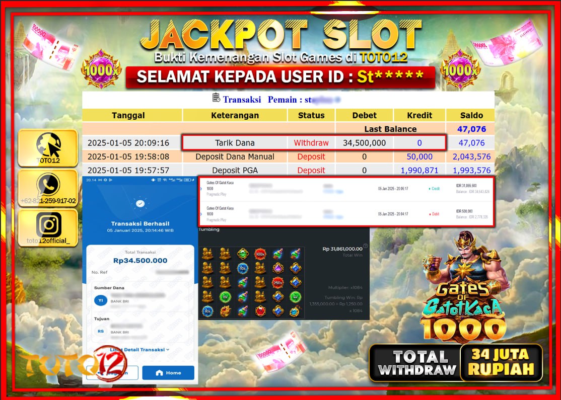 HANYA DI TOTO12 JP PASTI DI BAYAR LUNAS DAN CEPAT!!!!!! JACKPOT SLOT GAME (GATES OF GATOT KACA 1000) Rp.34.000.000 !!!!