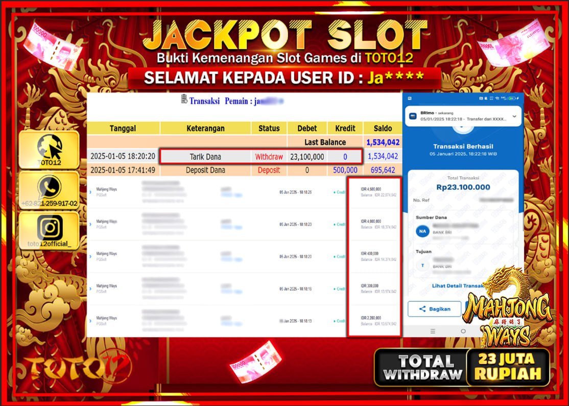 HANYA DI TOTO12 JP PASTI DI BAYAR LUNAS DAN CEPAT!!!!!! JACKPOT SLOT GAME (MAHJONG WAYS) Rp.23.000.000 !!!!