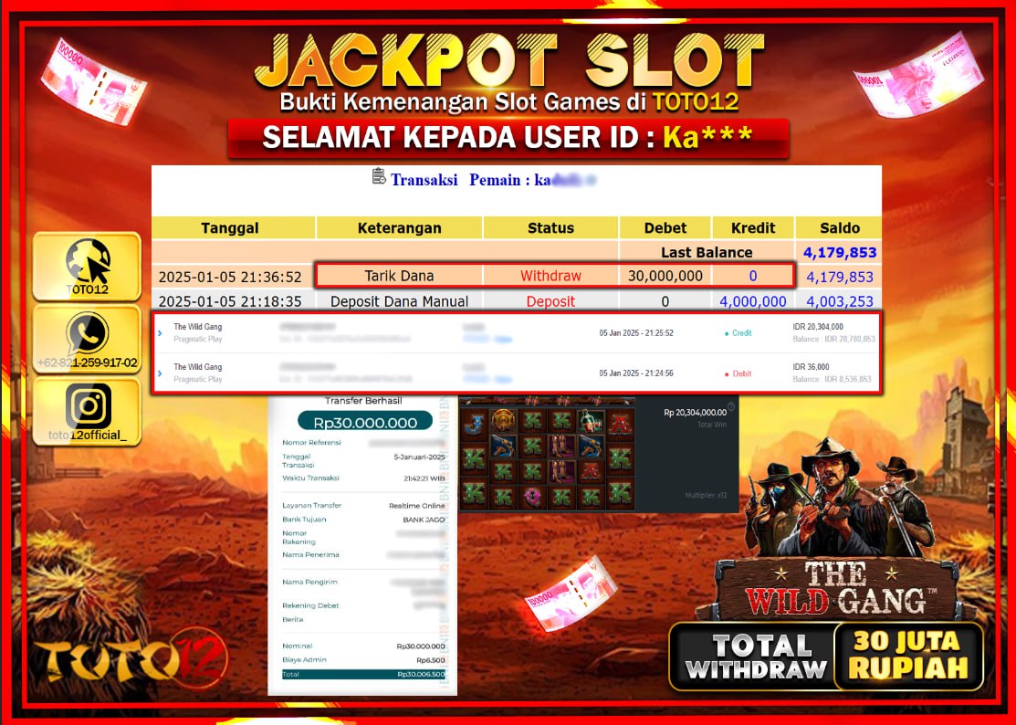 HANYA DI TOTO12 JP PASTI DI BAYAR LUNAS DAN CEPAT!!!!!! JACKPOT SLOT GAME (THE WILD GANG) Rp.30.000.000 !!!!