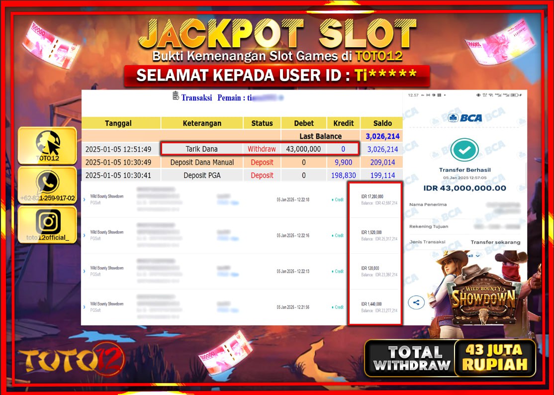 HANYA DI TOTO12 JP PASTI DI BAYAR LUNAS DAN CEPAT!!!!!! JACKPOT SLOT GAME (WILD BOUNTY SHOWDOWN) Rp.43.000.000 !!!!