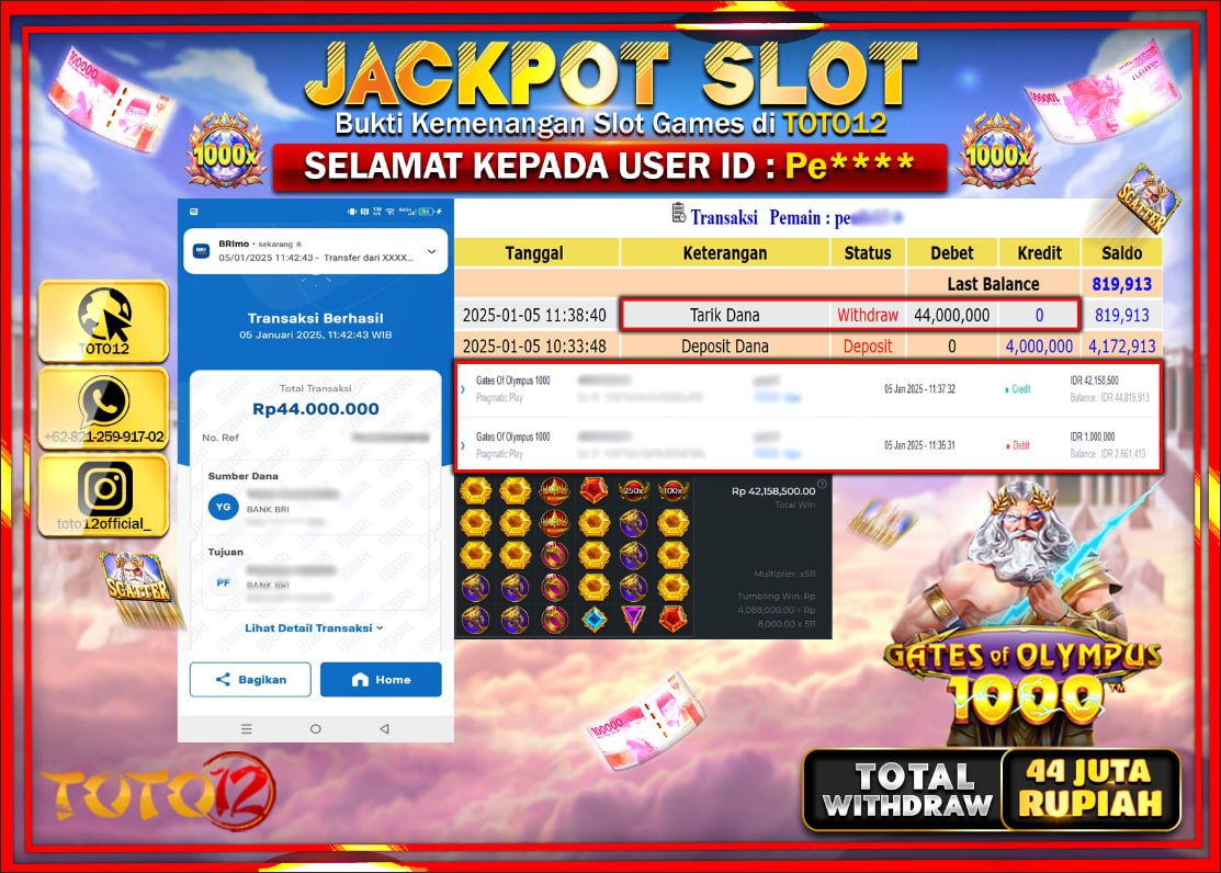 HANYA DI TOTO12 JP PASTI DI BAYAR LUNAS DAN CEPAT!!!!!! JACKPOT SLOT GAME (GATES OF OLYMPUS 1000) Rp.44.000.000 !!!!