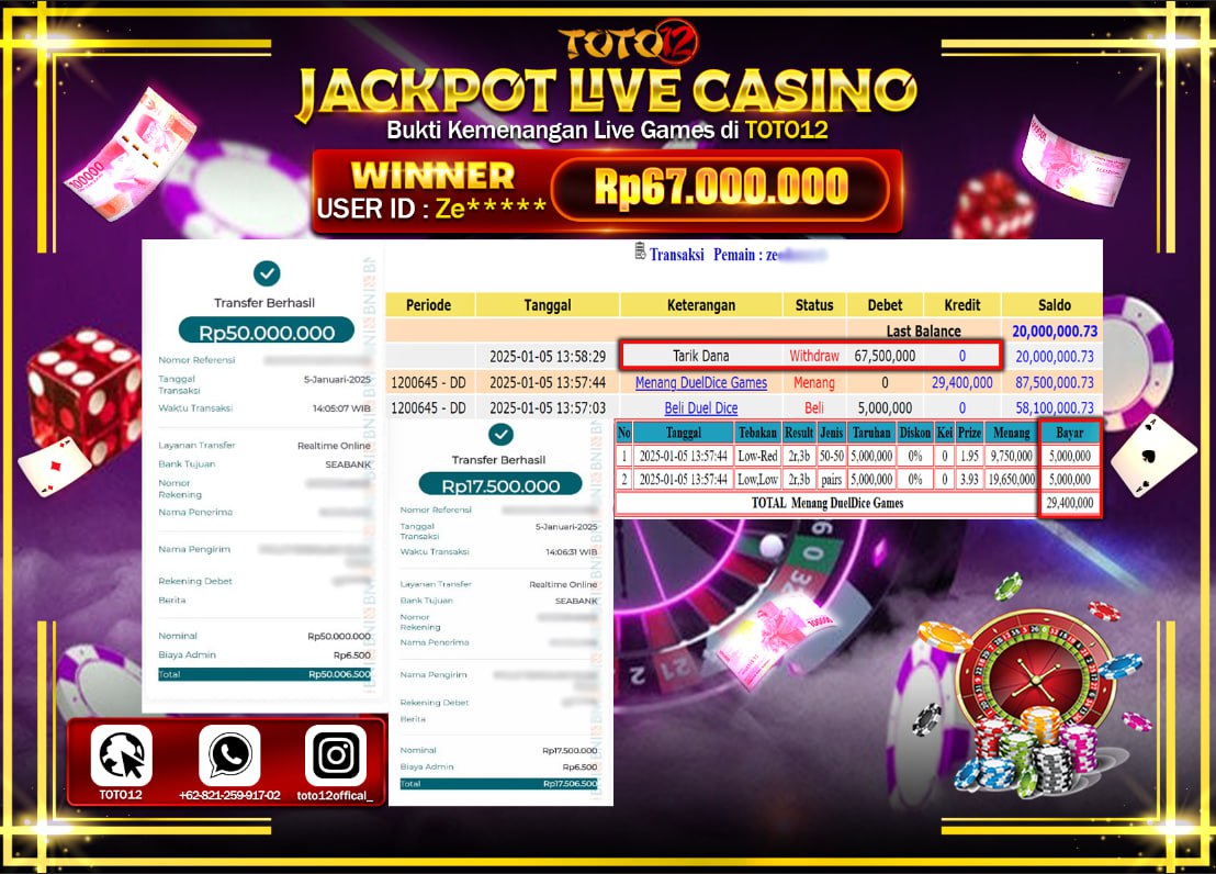 HANYA DI TOTO12 JP PASTI DI BAYAR LUNAS DAN CEPAT!!!!!! JACKPOT LIVE GAMES CASINO (DUEL DICE)Rp.67.000.000 !!!!