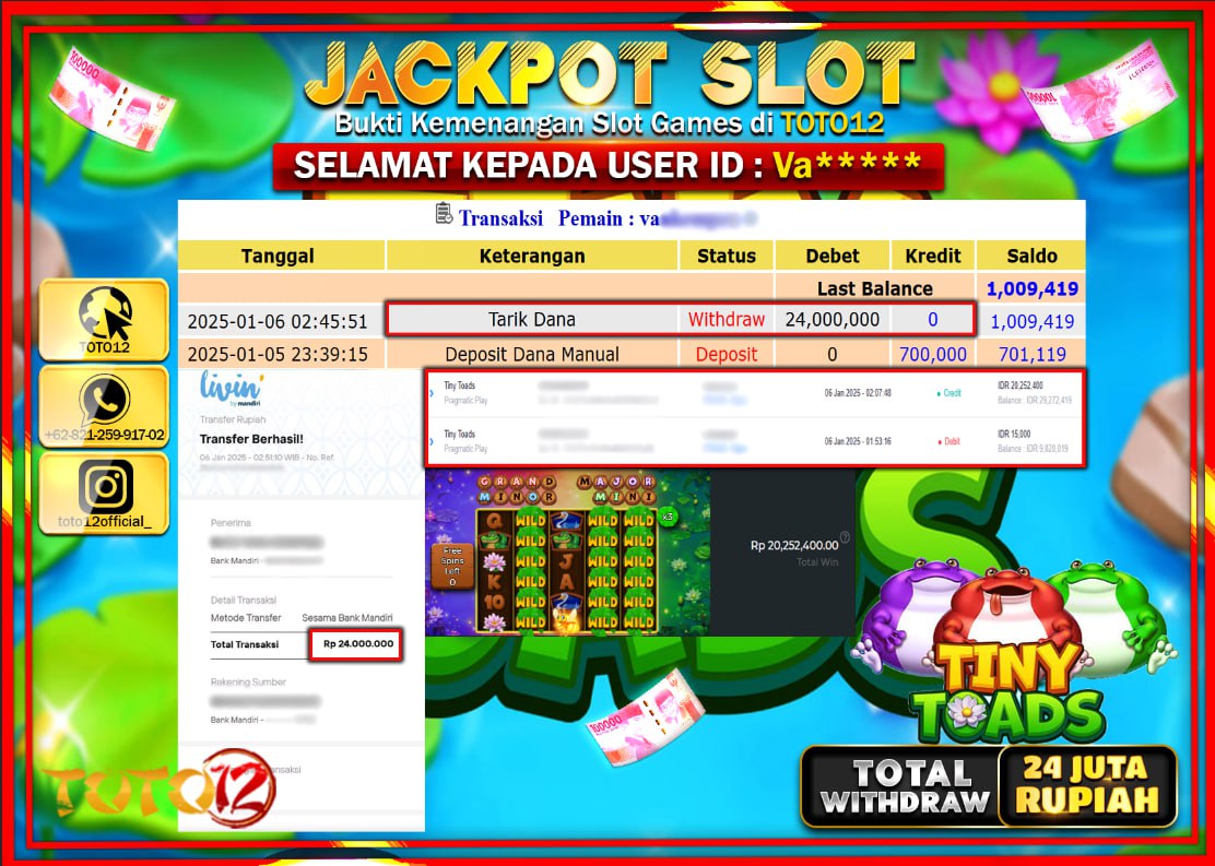 HANYA DI TOTO12 JP PASTI DI BAYAR LUNAS DAN CEPAT!!!!!! JACKPOT SLOT GAME (TINY TOADS) Rp.24.000.000 !!!!