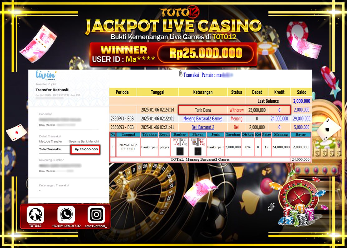 HANYA DI TOTO12 JP PASTI DI BAYAR LUNAS DAN CEPAT!!!!!! JACKPOT LIVE GAMES CASINO (BACCARAT 2) Rp.25.000.000 !!!!