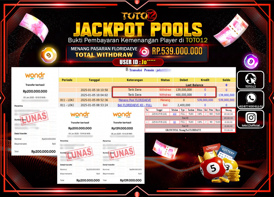 HANYA DI TOTO12 JP PASTI DI BAYAR LUNAS DAN CEPAT!!!!!! JACKPOT POOLS PASARAN (FLORIDAEVE) Rp.539.000.000 !!!!