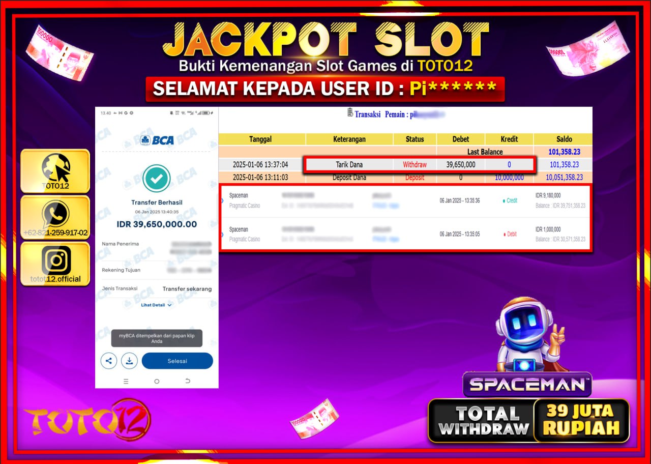 HANYA DI TOTO12 JP PASTI DI BAYAR LUNAS DAN CEPAT!!!!!! JACKPOT SLOT GAME (SPACEMAN) Rp.39.000.000 !!!!