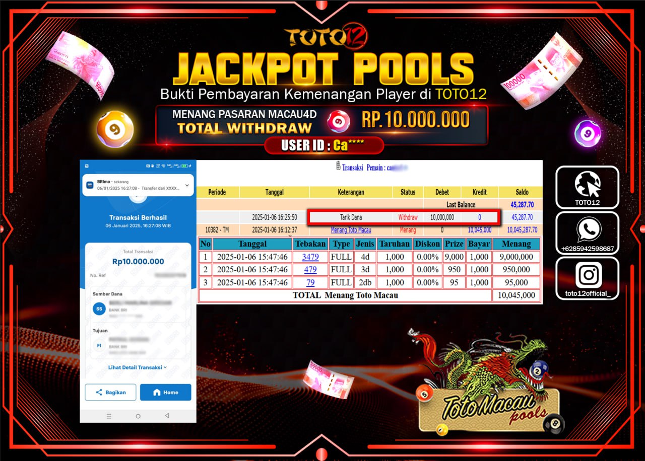 HANYA DI TOTO12 JP PASTI DI BAYAR LUNAS DAN CEPAT!!!!!! JACKPOT POOLS PASARAN (TOTO MACAU) Rp.10.000.000 !!!!