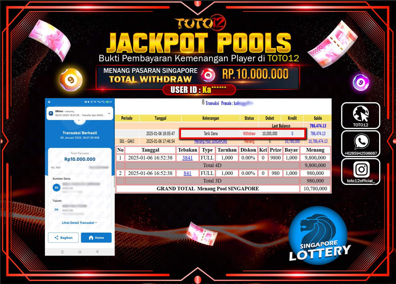 HANYA DI TOTO12 JP PASTI DI BAYAR LUNAS DAN CEPAT!!!!!! JACKPOT POOLS PASARAN (SINGAPORE) Rp.10.000.000 !!!!