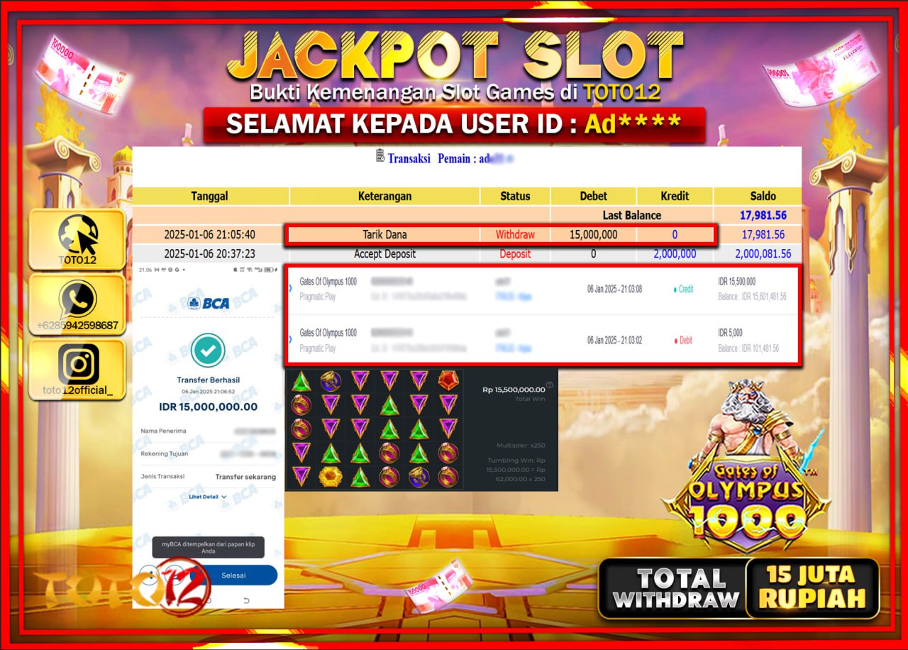 HANYA DI TOTO12 JP PASTI DI BAYAR LUNAS DAN CEPAT!!!!!! JACKPOT SLOT GAME (GATES OF OLYMPUS 1000) Rp.15.000.000 !!!!
