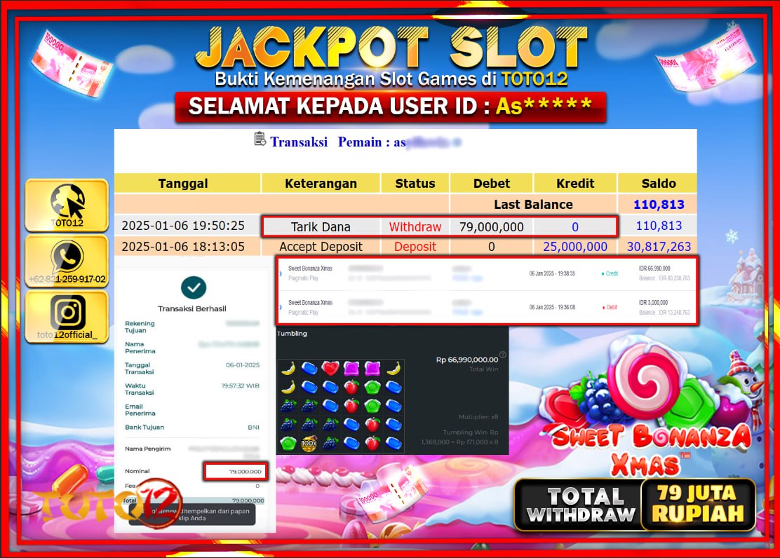 HANYA DI TOTO12 JP PASTI DI BAYAR LUNAS DAN CEPAT!!!!!! JACKPOT SLOT GAME (SWEET BONANZA XMAS) Rp.79.000.000 !!!!