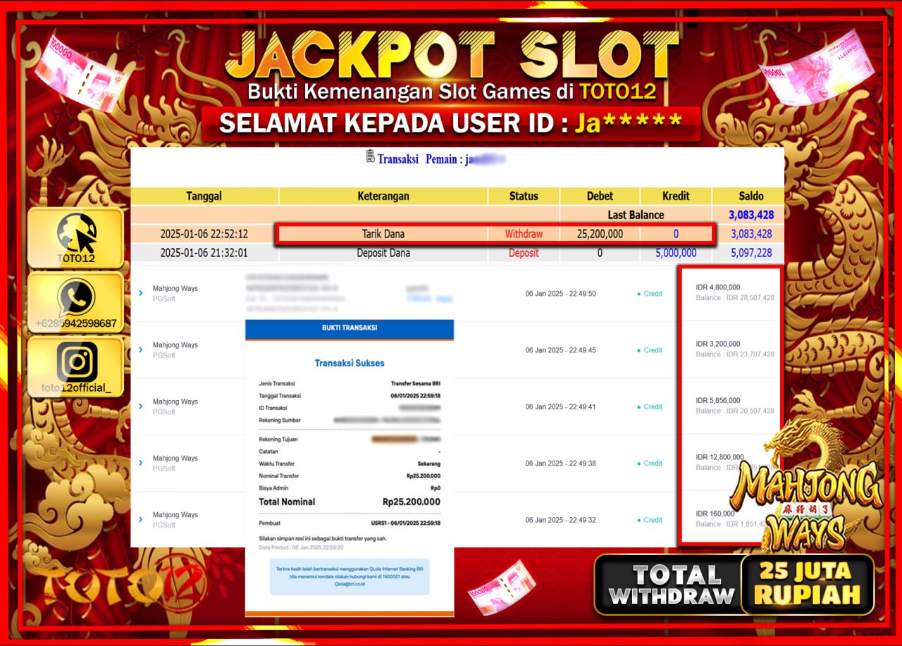 HANYA DI TOTO12 JP PASTI DI BAYAR LUNAS DAN CEPAT!!!!!! JACKPOT SLOT GAME (MAHJONG WAYS) Rp.25.000.000 !!!!
