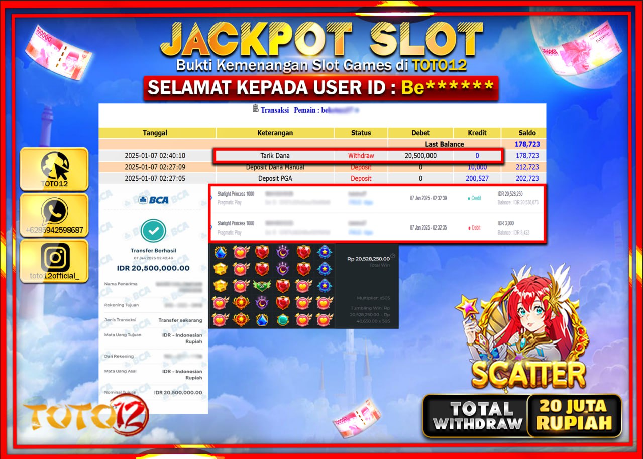 HANYA DI TOTO12 JP PASTI DI BAYAR LUNAS DAN CEPAT!!!!!! JACKPOT SLOT GAME (STARLIGHT PRINCESS 1000) Rp.20.000.000 !!!!