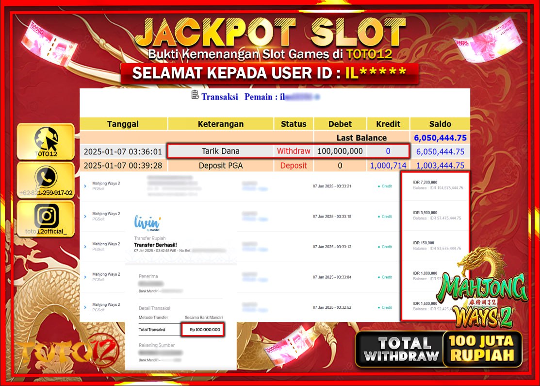 HANYA DI TOTO12 JP PASTI DI BAYAR LUNAS DAN CEPAT!!!!!! JACKPOT SLOT GAME (MAHJONG WAYS 2) Rp.100.000.000 !!!!