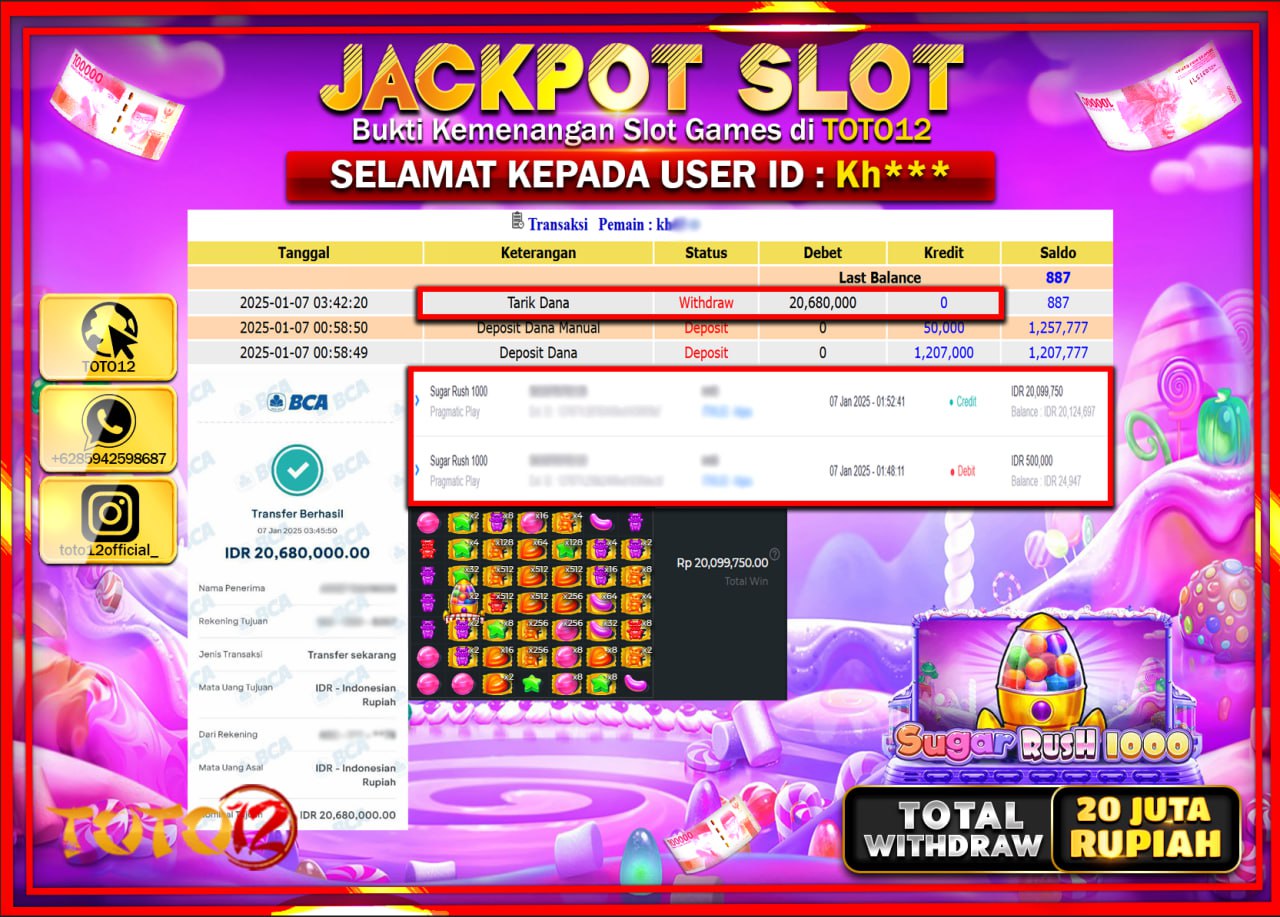 HANYA DI TOTO12 JP PASTI DI BAYAR LUNAS DAN CEPAT!!!!!! JACKPOT SLOT GAME (SUGAR RUSH 1000) Rp.20.000.000 !!!!