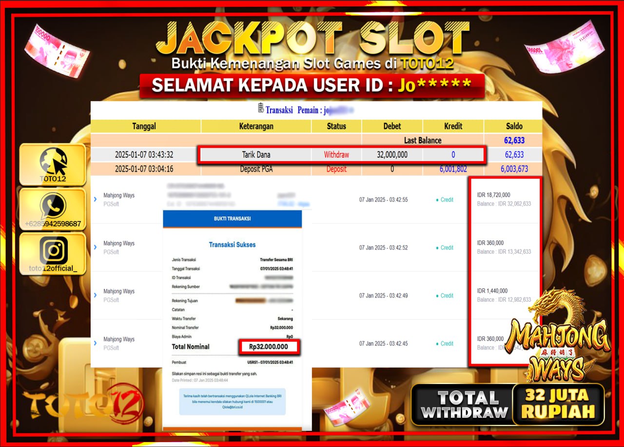 HANYA DI TOTO12 JP PASTI DI BAYAR LUNAS DAN CEPAT!!!!!! JACKPOT SLOT GAME (MAHJONG WAYS) Rp.32.000.000 !!!!
