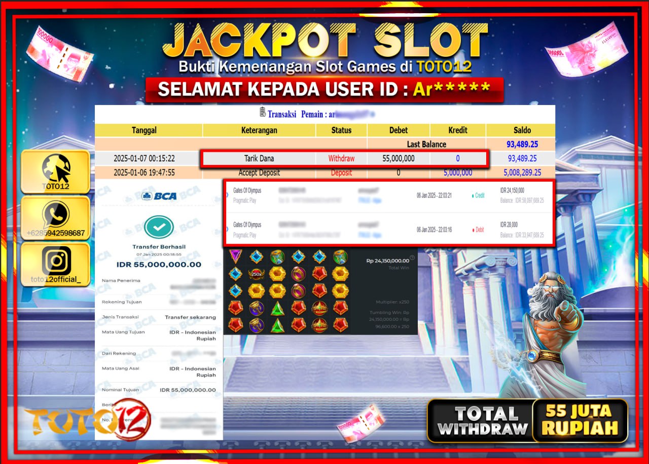 HANYA DI TOTO12 JP PASTI DI BAYAR LUNAS DAN CEPAT!!!!!! JACKPOT SLOT GAME (GATES OF OLYMPUS) Rp.55.000.000 !!!!