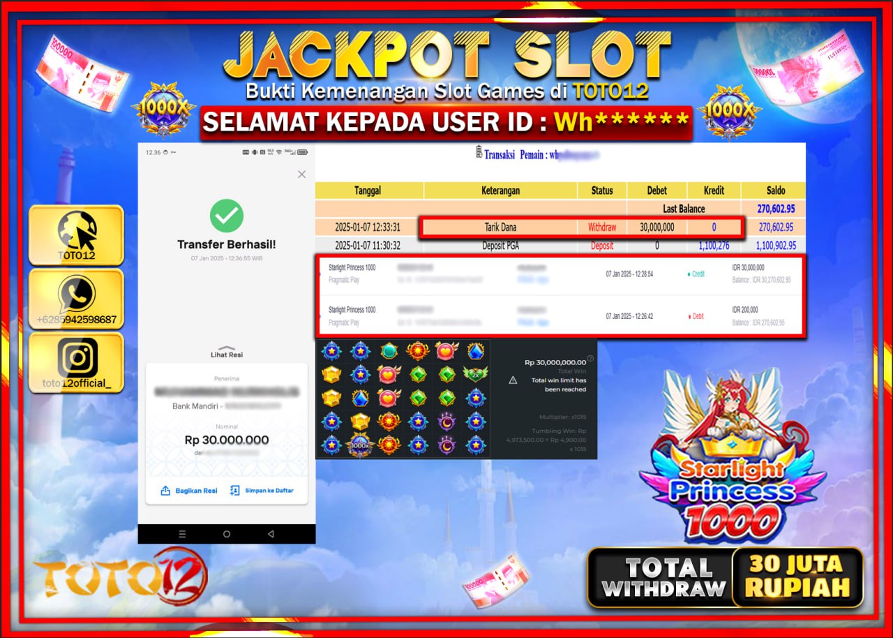 HANYA DI TOTO12 JP PASTI DI BAYAR LUNAS DAN CEPAT!!!!!! JACKPOT SLOT GAME (STARLIGHT PRINCESS 1000) Rp.30.000.000 !!!!