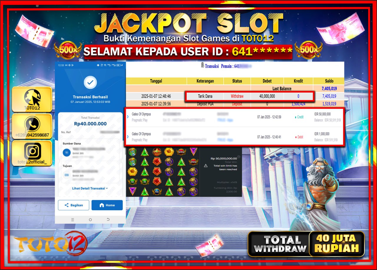 HANYA DI TOTO12 JP PASTI DI BAYAR LUNAS DAN CEPAT!!!!!! JACKPOT SLOT GAME (GATES OF OLYMPUS) Rp.40.000.000 !!!!