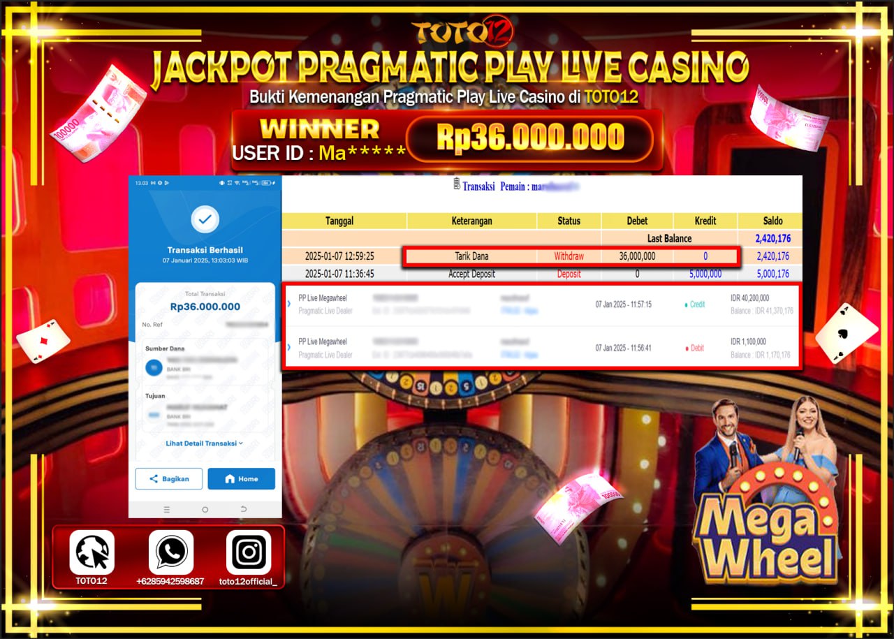 HANYA DI TOTO12 JP PASTI DI BAYAR LUNAS DAN CEPAT!!!!!! JACKPOT PRAGMATIC PLAY LIVE CASINO (MEGA WHEEL) Rp.36.000.000 !!!!