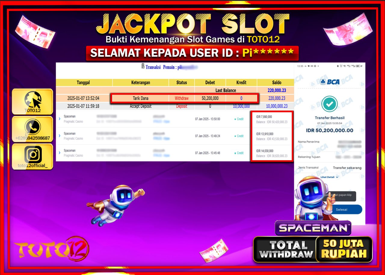 HANYA DI TOTO12 JP PASTI DI BAYAR LUNAS DAN CEPAT!!!!!! JACKPOT SLOT GAME (SPACEMAN) Rp.50.000.000 !!!!