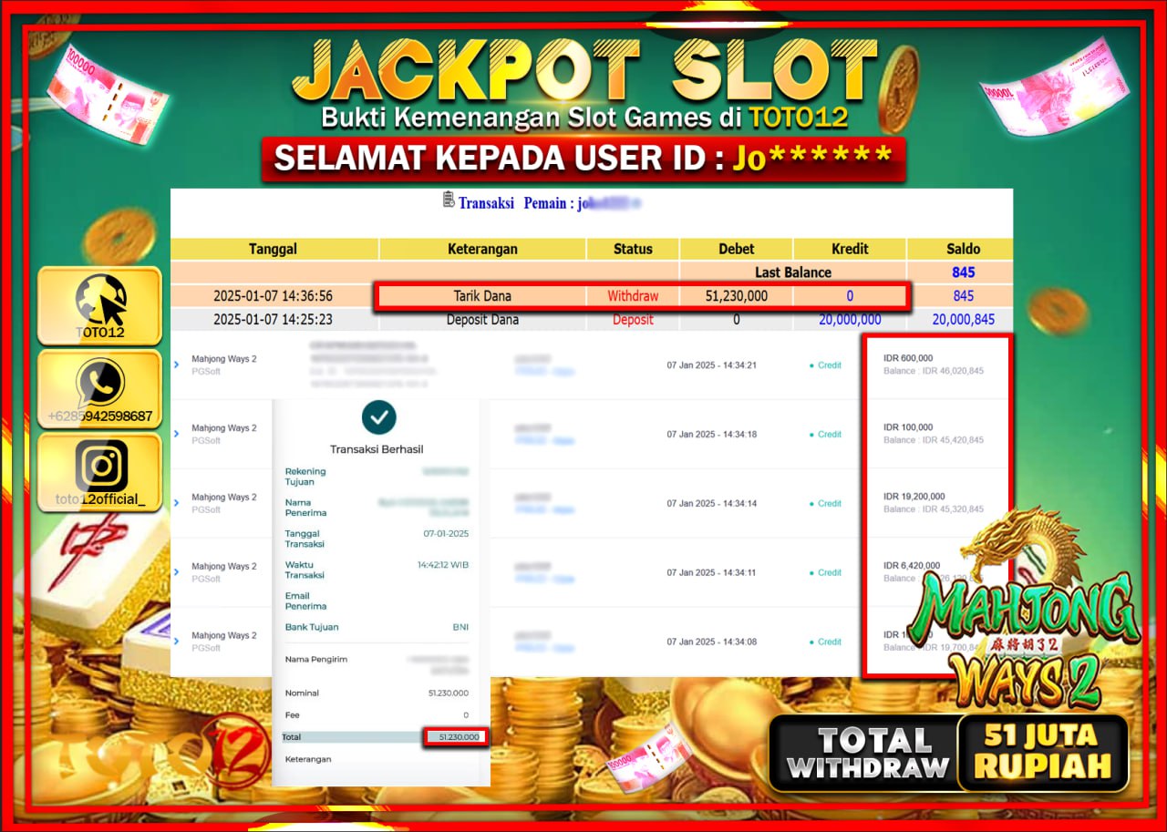 HANYA DI TOTO12 JP PASTI DI BAYAR LUNAS DAN CEPAT!!!!!! JACKPOT SLOT GAME (MAHJONG WAYS 2) Rp.51.000.000 !!!!